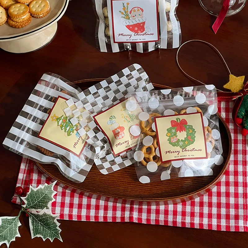 TETP 100Pcs Biscuits Stand-Up Bag Baking Cookie Button Cookies Packaging Children's Candy Zipper Bag Christmas Food Self-Sealing