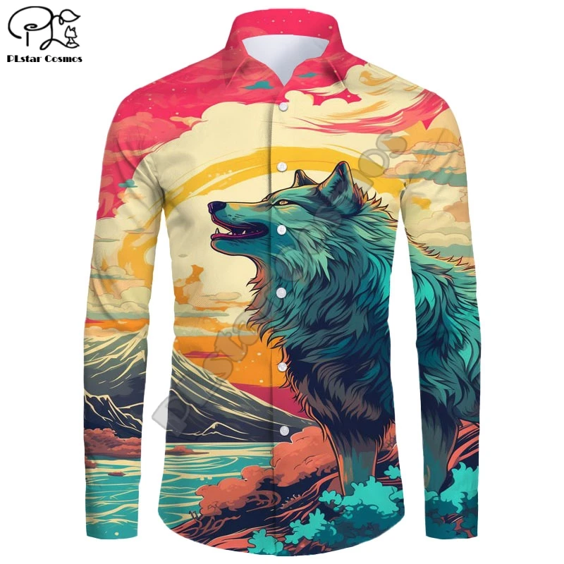 

New Hawaiian Shirt 3D Printing Wolf King Series Long Sleeve Shirt Casual Unisex Shirt L-2