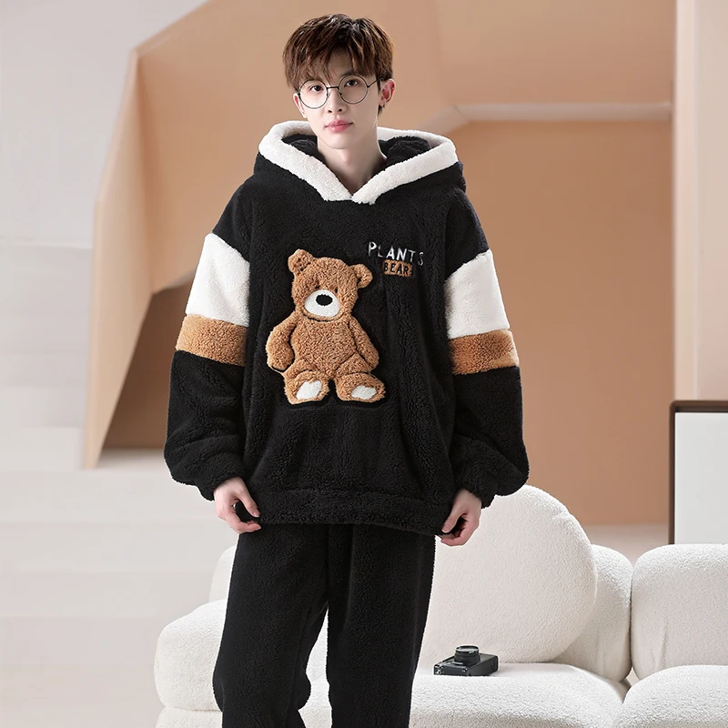 2024 Men\'s Sleepwear For Sleeping Male Winter Coral Plush Boy Pijamas Thicken Plush Loungewear Cartoon Student Warm Homewear Set