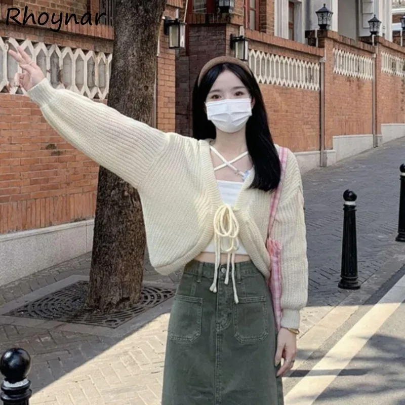 

V-neck Sweater Cardigan Women Korean Style Lace-up Knitted Solid Simple All-match Tender Batwing Sleeve Streetwear College Daily
