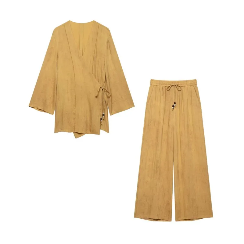 Women's High-Waist Pants Set 2 Piece Women O Neck Long Sleeve Tops with Beaded Tie Elastic Waist Wide-Leg Pants Female Outfit