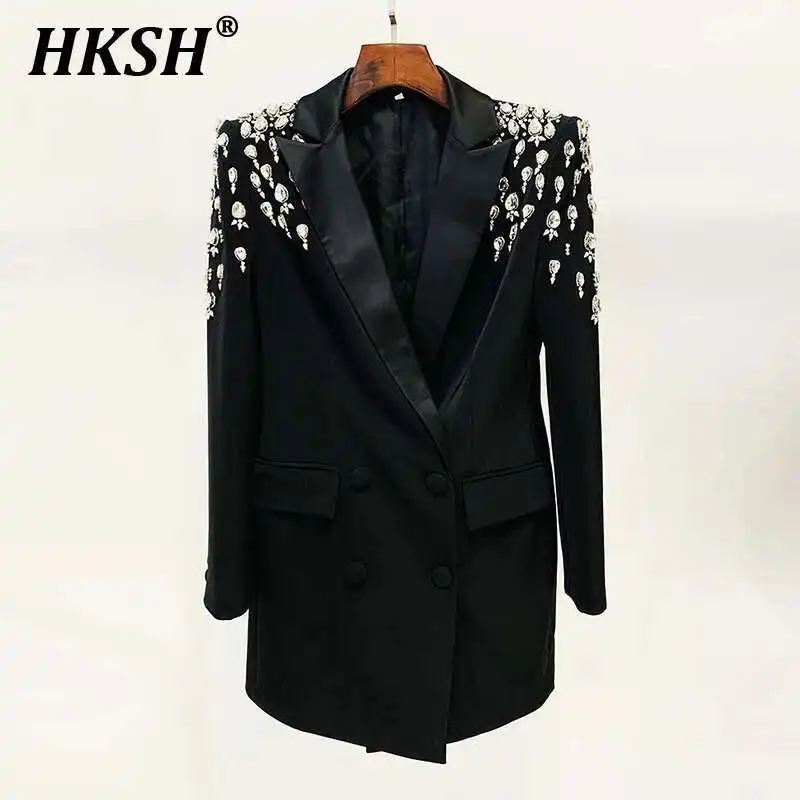 

HKSH весенне-осенний новый женский модный пиджак ручной работы для тяжелой промышленности, инкрустированный бисером и бриллиантами, тонкие куртки, длинное шикарное пальто H2721