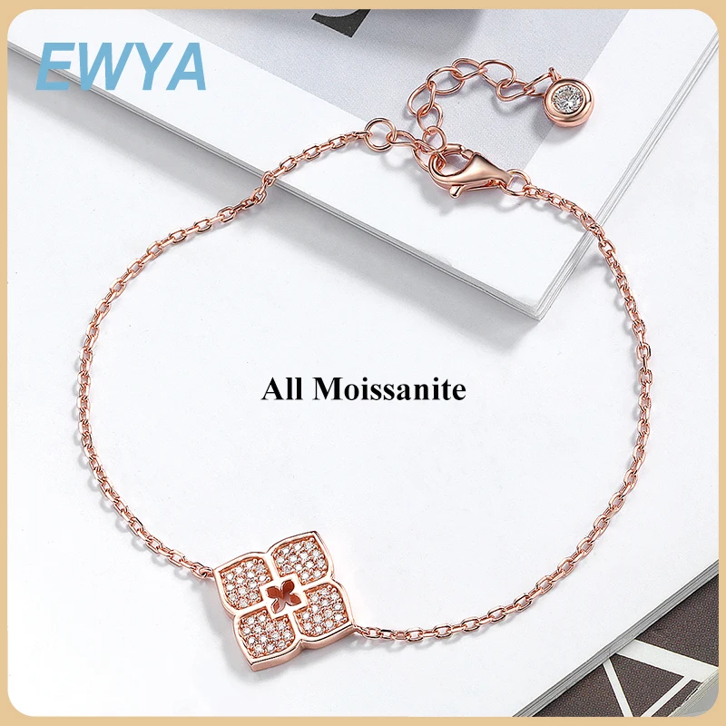 

EWYA Lucky Clover Full Moissanite Link Bracelet Women S925 Silver Pear Cut Lab Diamond Bridal Adjustable Dainty Hand Chain Gift