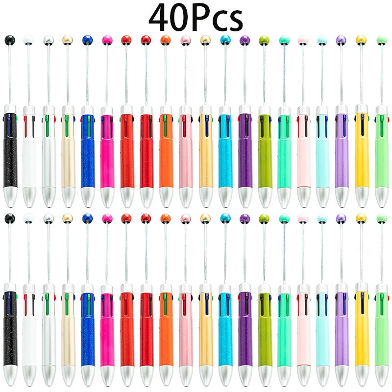 40Pcs New Diy Four-color Beaded Pens Wholesale Multi-color Plastic Ballpoint Pen Students 4 in 1 Account Pen