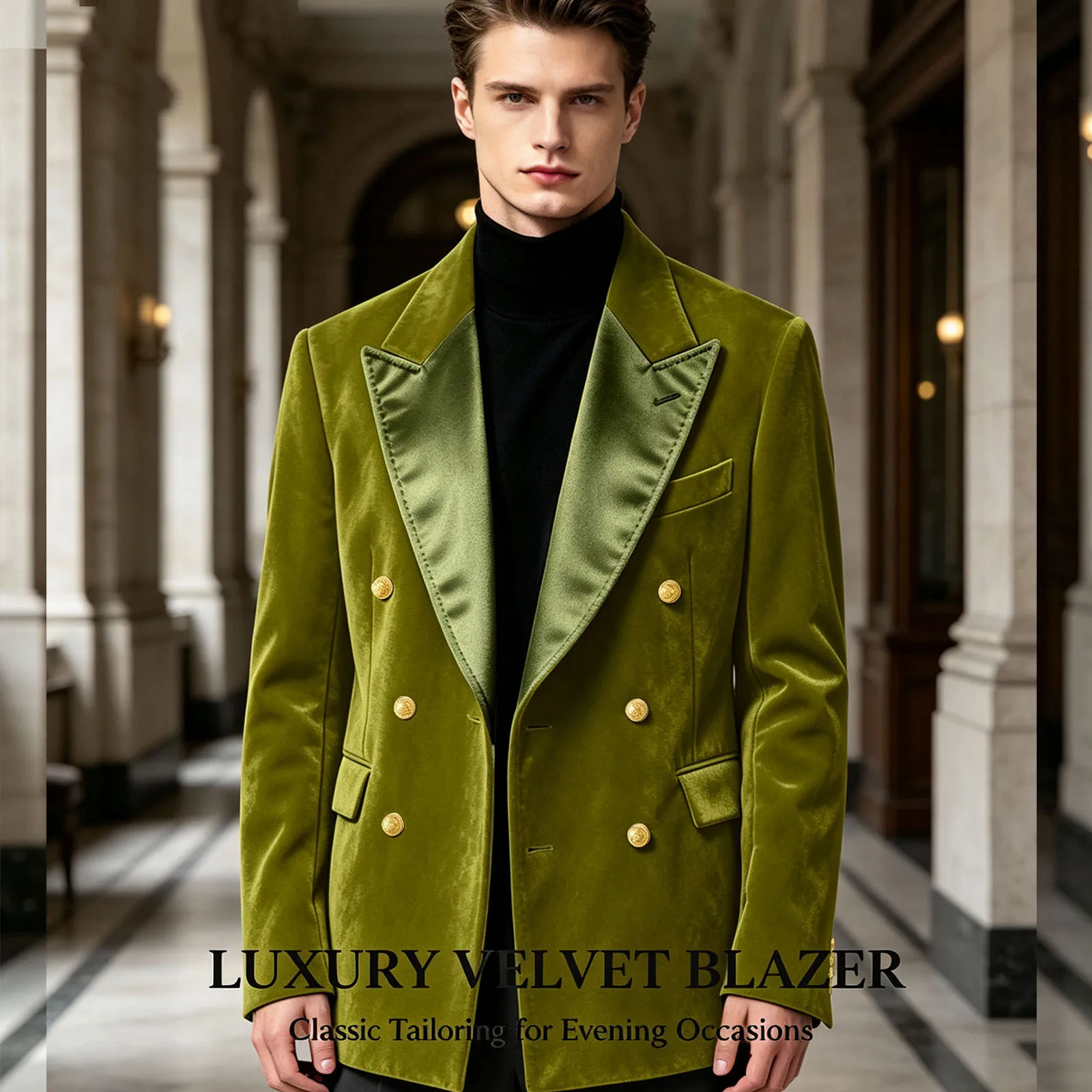 Men Velvet Blazer Double Breasted Gold Buttons Satin Lapel Tuxedo Jacket Slim Fit Dinner Party Wedding Prom Suit Coat For Autumn