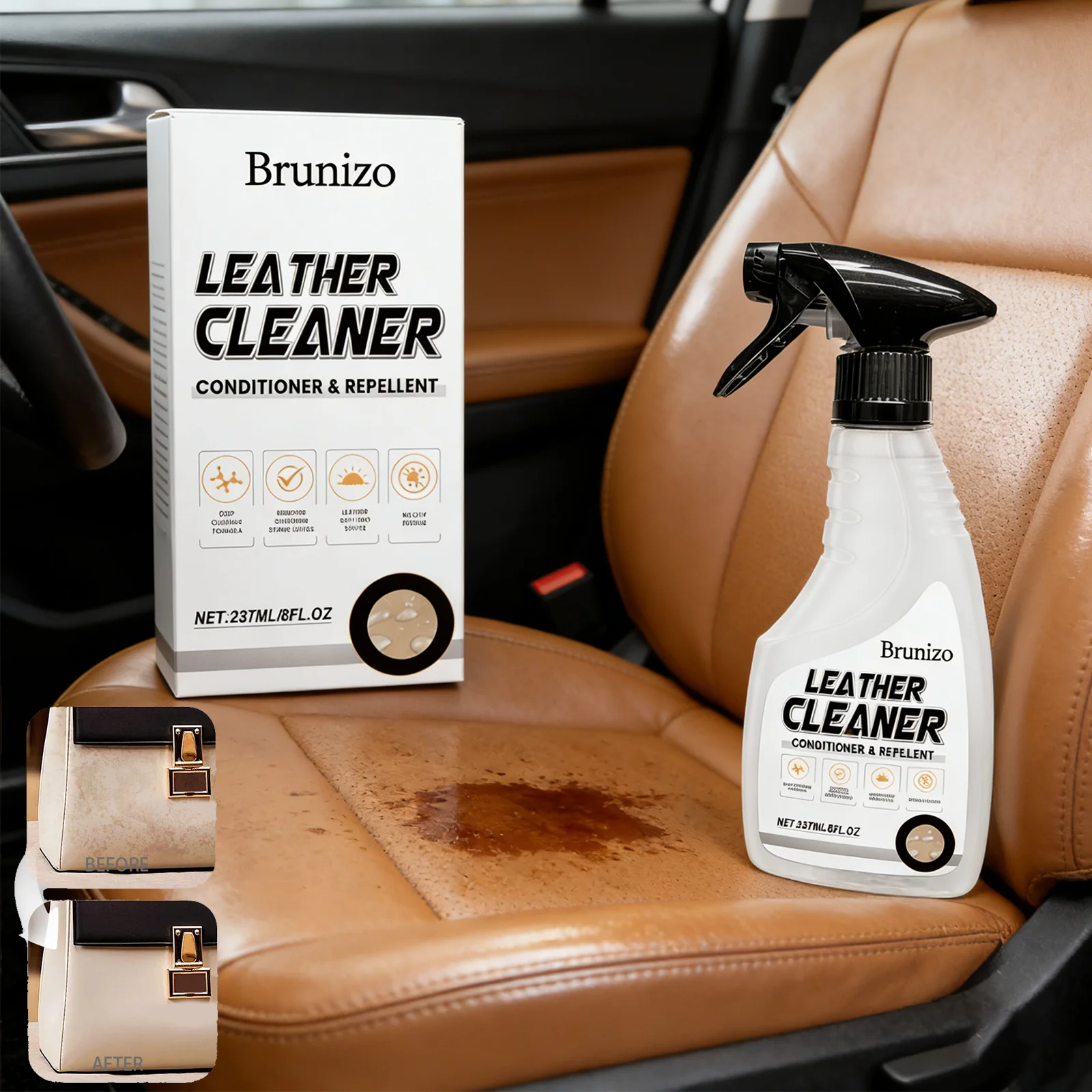 

Leather Cleaner and Conditioner Car Interior Deep Cleaning Sofa Restorer Handbag Polish Stain Remover Multi 237ml Spray Autocare