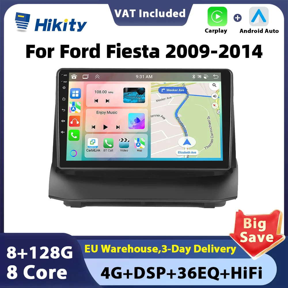 Hikity For Ford Fiesta 2009-2014 Carplay Car Radio Android 2 din Stereo Android Auto Navigation GPS HiFi WiFi DSP