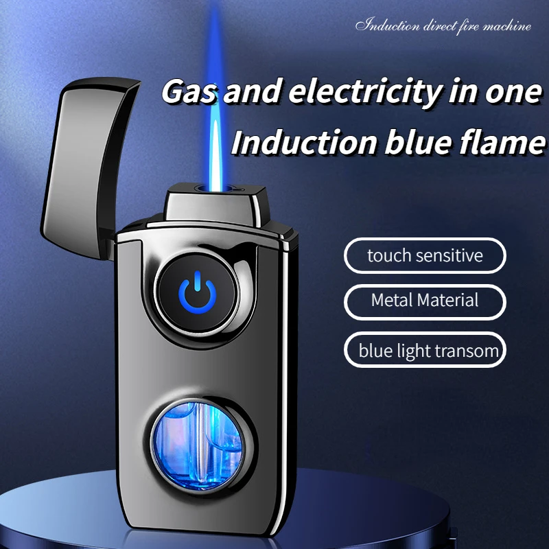 New Gas-electric Integrated Creative Metal Inflatable Lighter with Visible Transom Touch-sensitive Blue Flame Windproof Lighter