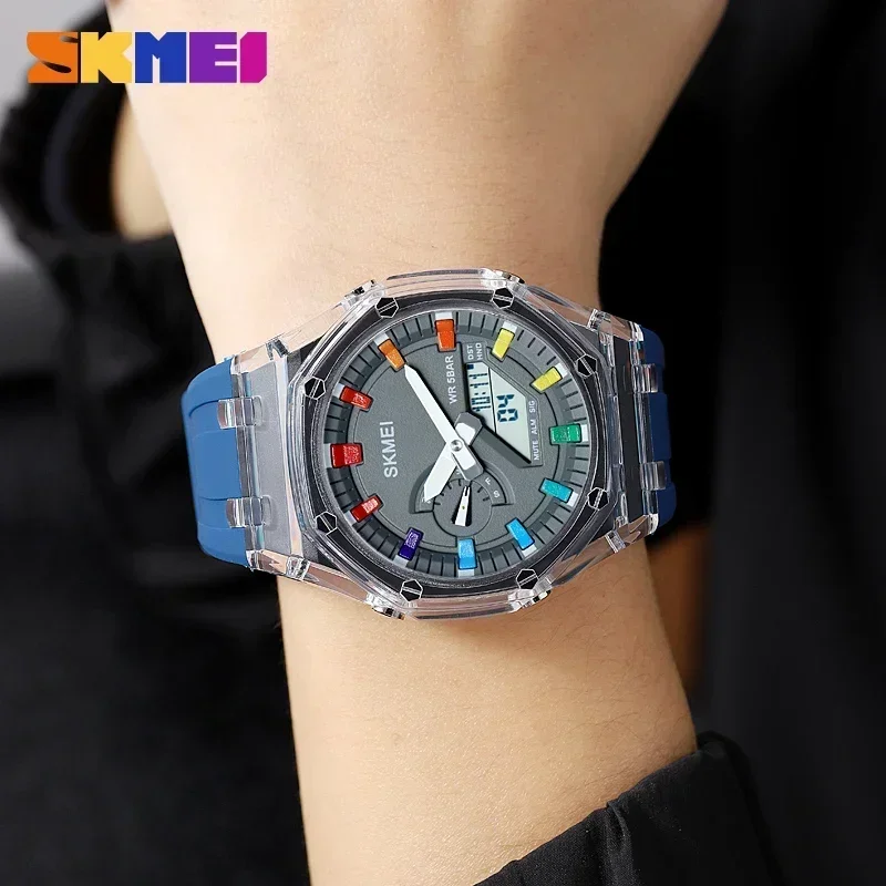 SKMEI Waterproof Men Watch Countdown Stopwatch Led Light  Wristwatch 5Alarm Clock 2 Time Digital Watches 2100