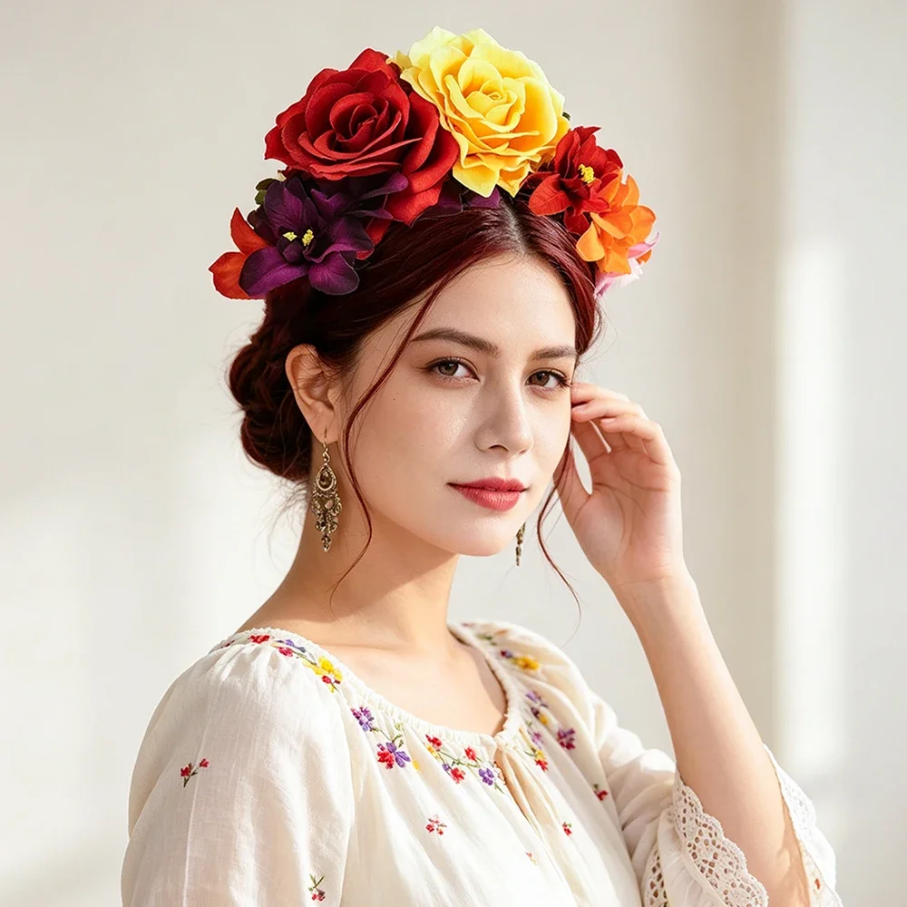 Mexikanischer Tag der Toten Rotes Rosen-Blumen-Stirnband, Künstliches Blumen-Haaraccessoire für Halloween, Katrina Cosplay Kopfreif – Detail 11