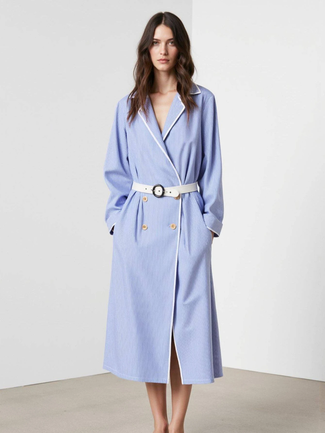 

Women's Autumn Trench Coat Simple Patchwork Long Sleeve Shawl Collar with Pockets Fashionable Outerwear