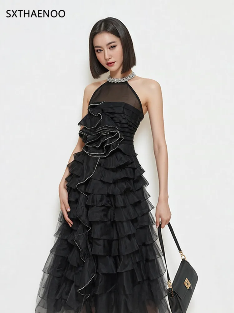 

SXTHAENOO Women Elegant Halter Backless Tiered Dress Flowy Beach Wedding Guest Dress Ruffled Vacation Resort Spring Summer 2026