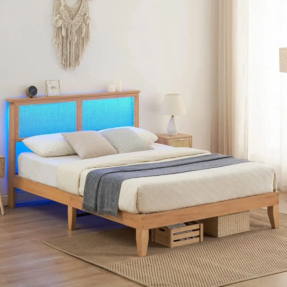 

12.4 Inch Solid Wood Full Bed Frame with Natural Rattan Headboard, Platform Full Size Bed Frame with LED Lights, Mattress Founda
