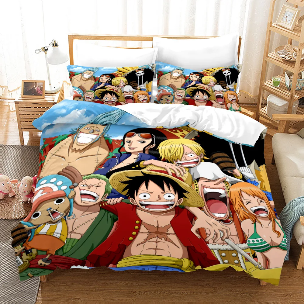 One Piece Home Pillowcase Duvet Set Luffy Straw Hat Ball Print Comfortable 3-Piece Set Bedding Children Adult Full Size