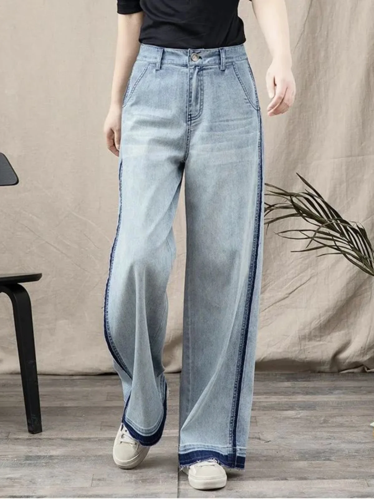 

Faionable Color Blo Straight Leg Jeans Women's Spring Autumn Loose Wide Leg Casual Floor Length Pants High Waist Long Pants