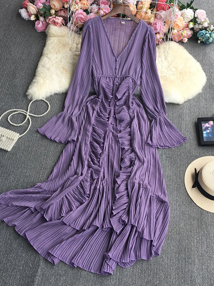 Purple/Brown/Red Chiffon Pleated Long Dress Women Vintage V-Neck Flare Sleeve Draped Ruffle Vestido Female Maxi Robe Spring Fall