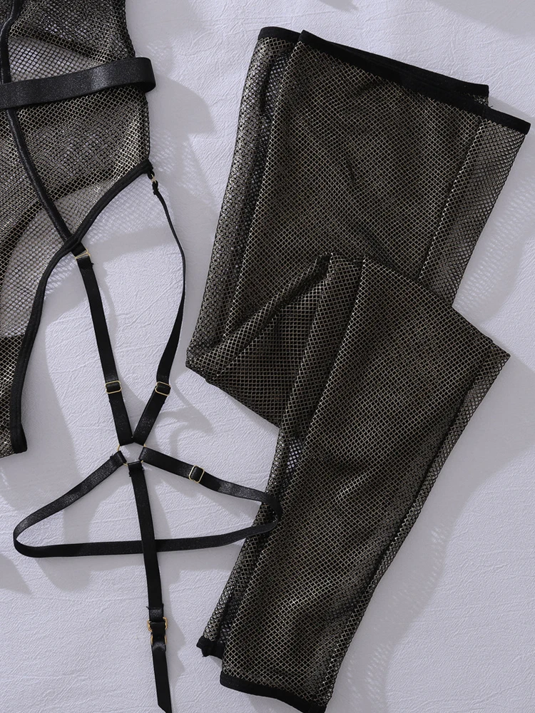 بذلة شبكية صيد السمك الفاخرة المصنوعة من الذهب الأسود، جوارب شبكية مثيرة رفيعة تتضمن ملابس ضيقة #5