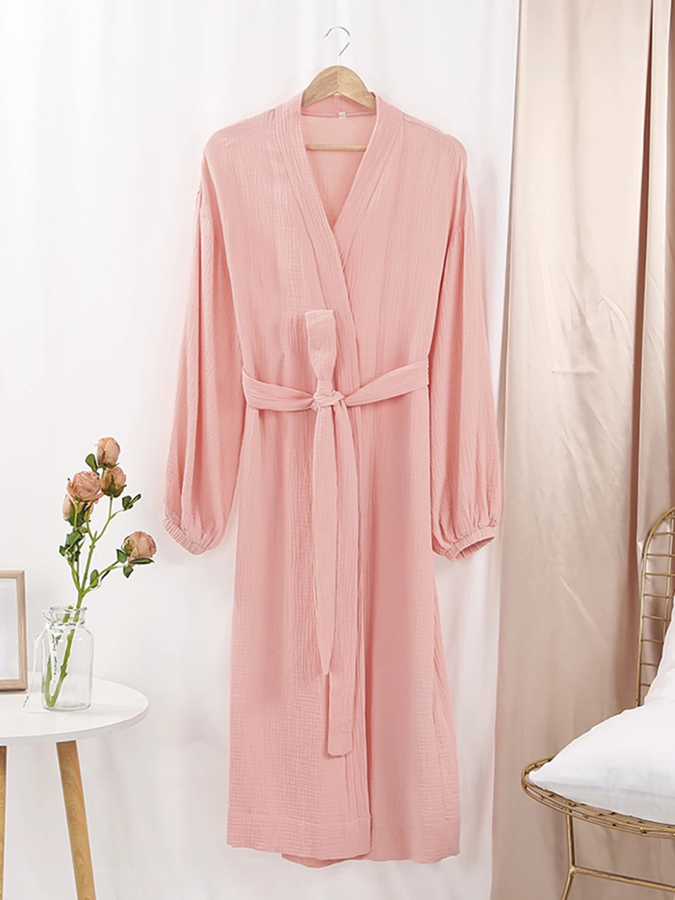 Linad Solid Color Sleepwear Women\'s Robe Puff Sleeves Bathrobe Female Nightwear Cotton Robes Women Home Wear Spring Loungewear