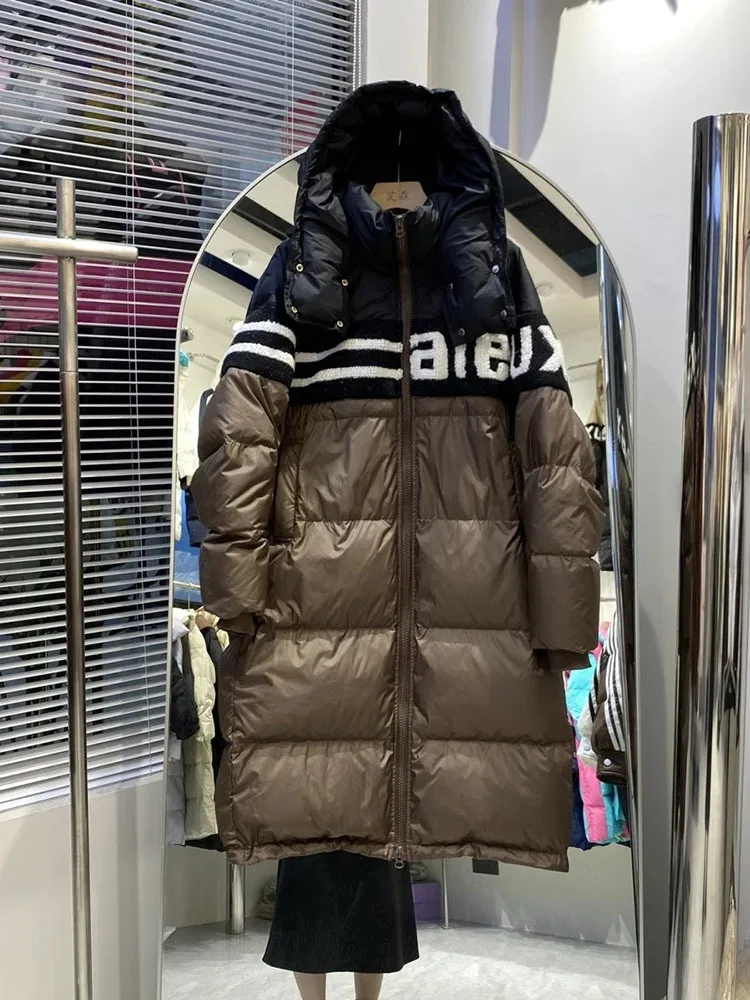 Long Women Jacket Letter Winter Coat Female Stripes Fashion Down Jacket Hooded Casual Puffer Coats Patchwork Warm Outerwears