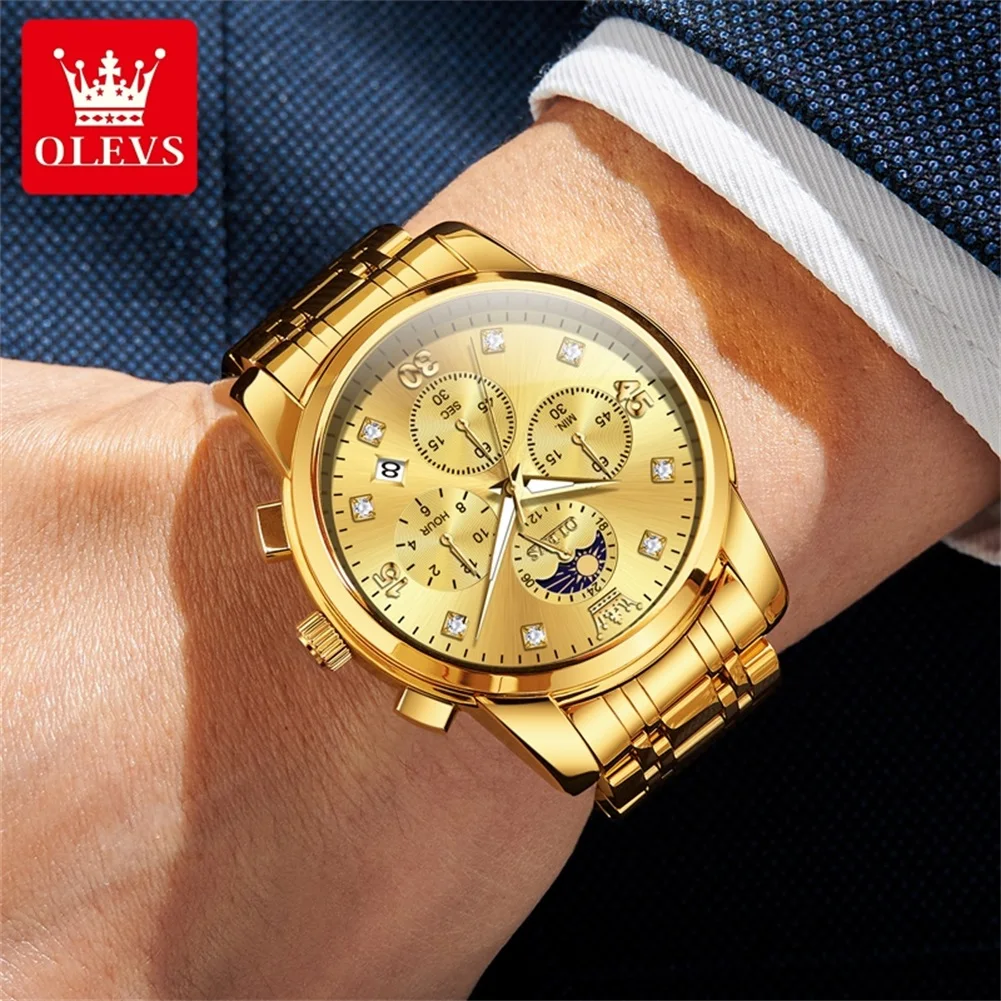 OLEVS Luxury Men\'s Watches Business Fashion Original Quartz Watch for Man Luminous Waterproof Moon Phase Date Chronograph 3652