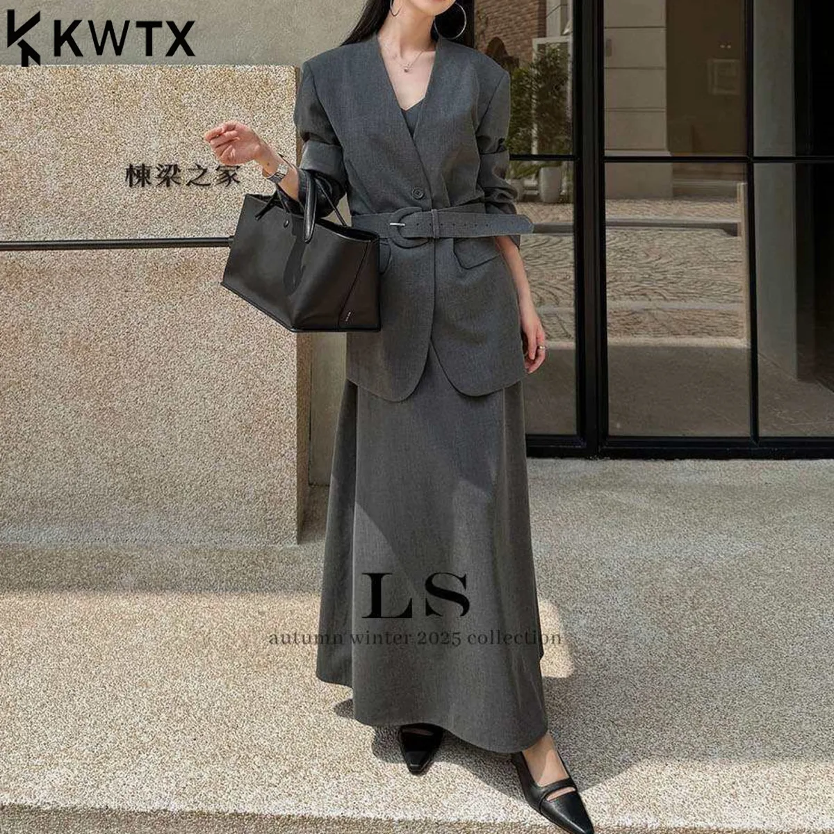 

KWTX Women’s Designer Oversized Blazer Dress Set Belted Round Neck Heavyweight Solid Color Casual Minimalist Premium Fall 2025