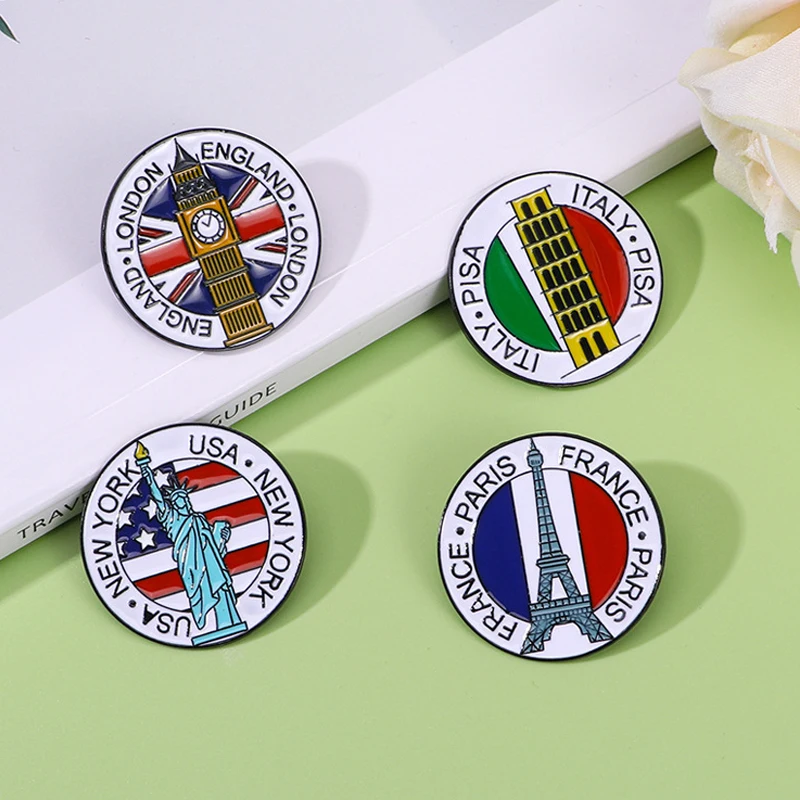 Creative Travel Brooch Paris Eiffel Tower London Big Ben Italy Bisar Leaning Tower New York Liberty Flag Badge Punk Pins Jewelry