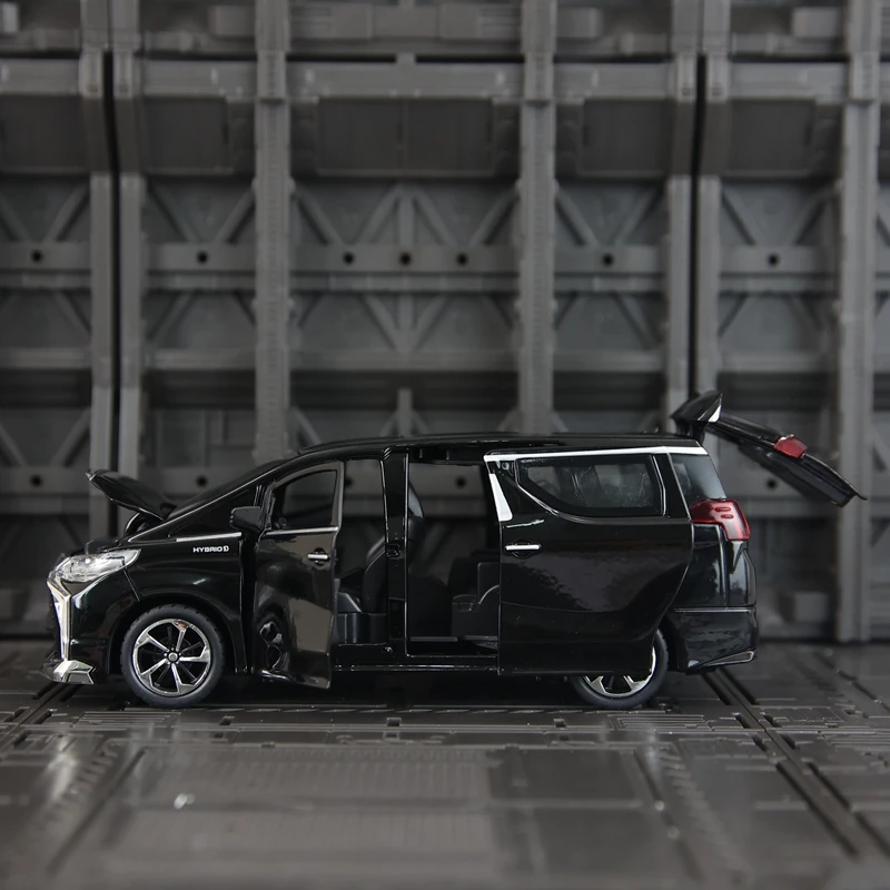 1:32 modelo de liga de veículo comercial Toyota Alphard MPV, portas e capô do motor, porta-malas pode ser aberto com brinquedos