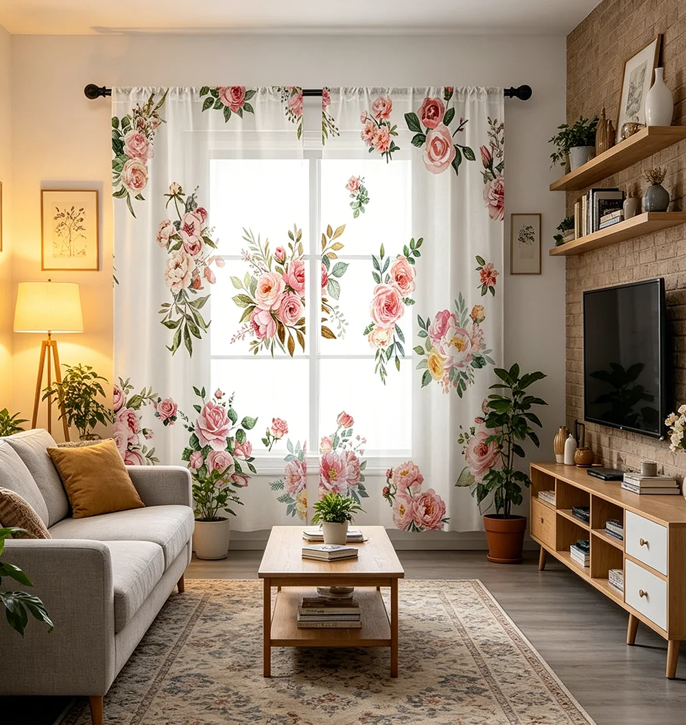 2PCS Digital Printed Sheer Curtain, Rose Flower Story Theme, Romantic Vintage Floral Garden for Living Room Bedroom Home Decor