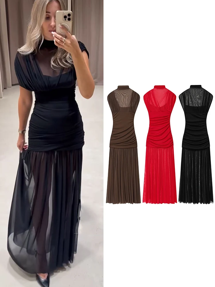 Tfmln moda sem mangas vestidos longos para mulheres temperamento meia gola alta emendado plissado férias festa vestido de noite