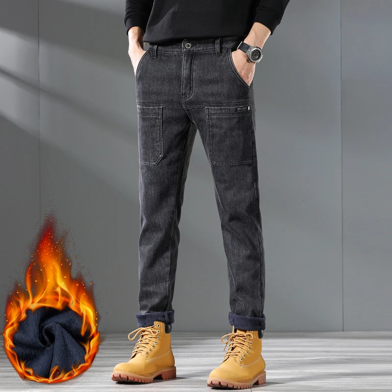 Pantalones vaqueros de lana con diseño de bolsillo para hombre, moda clásica coreana gruesa, pantalones de felpa ajustados, pantalones vaqueros