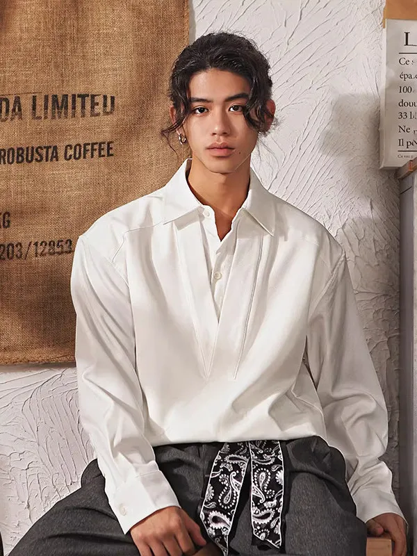 Retro Japanese Style Men's Long Sleeve White Shirt Spring Autumn Loose Fit Design Casual V-Neck Button up Single Piece Coat