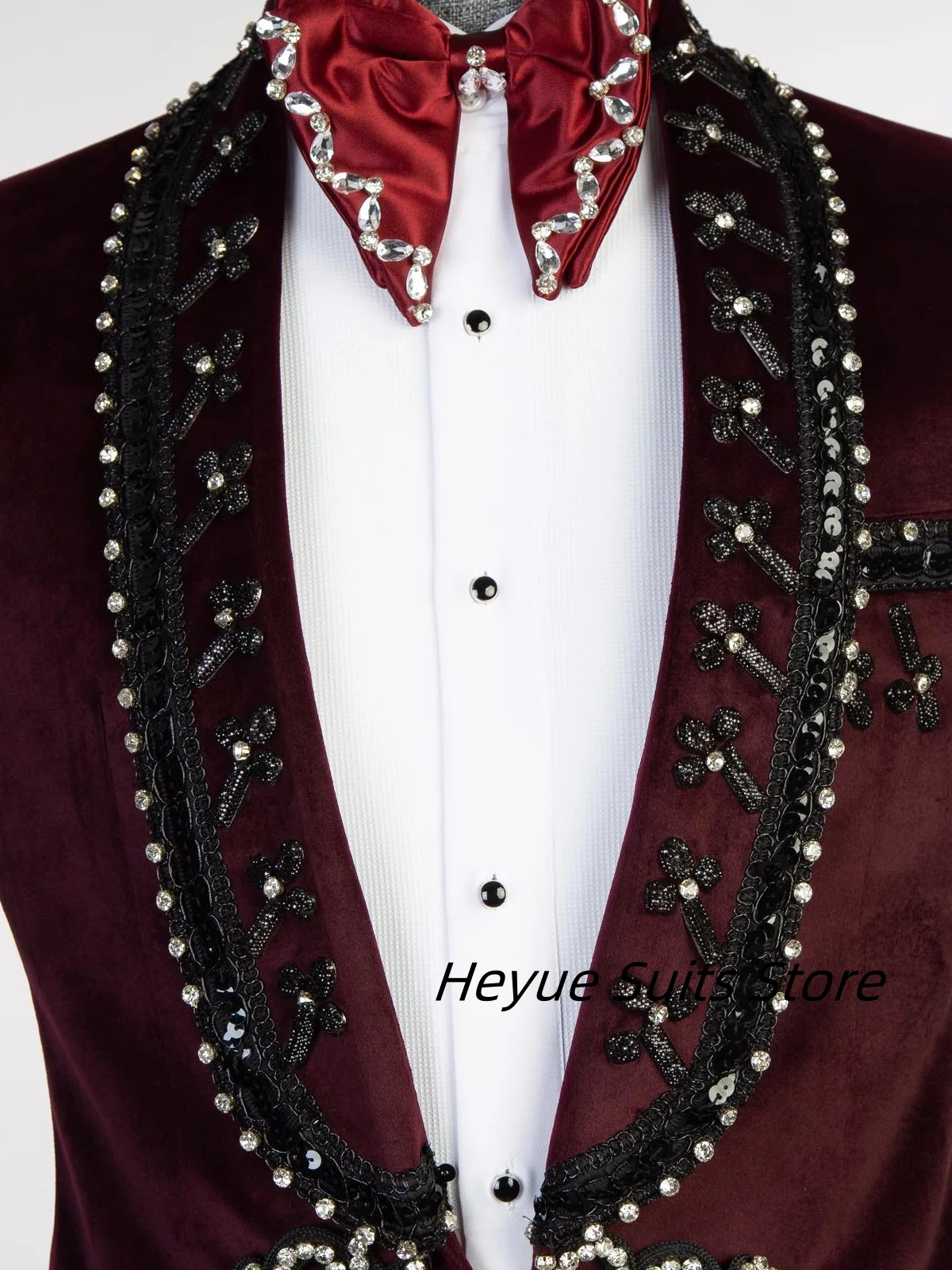Elegant Velvet Beads Diamond Men Suits Shawl Lapel Groom Tuxedos Wedding 2 Pieces Sets Male Prom Blazers Customized ropa hombre