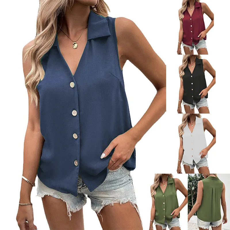 

Summer 2023 Women's Loose V-neck Sleeveless Button-up Pure Color Shirts French Style Casual Wear Midi Length Top