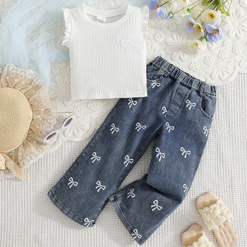 

2Piece Summer Baby Clothes Girls Outfit Sets Korean Fashion Bow Sleeveless Cotton Tops+Loose Jeans Boutique Kids Clothing BC510