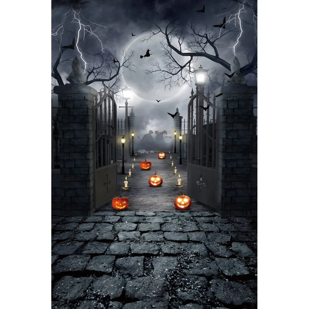 Halloween Pumpkin Lantern Wooden Floor Background Fall Leaves Bat Scary Scene Photography Backdrop Halloween Theme Supplies