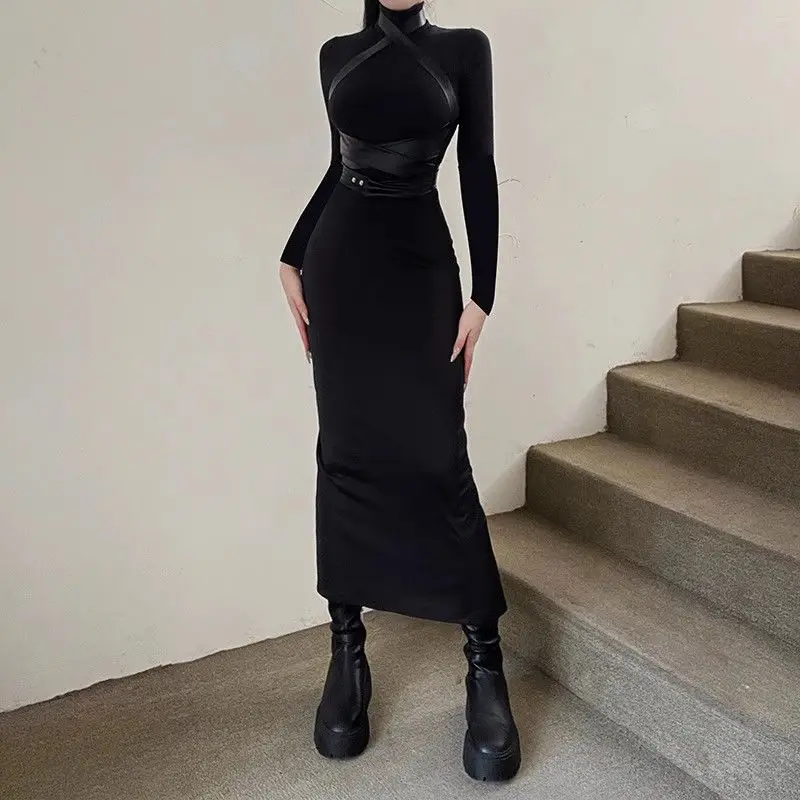 

Black Half Turtle Neck Long Sleeve Dress for Women Autumn Winter Slim Fit Hip-hugging Dress Famel Vintage Fashion Clothing