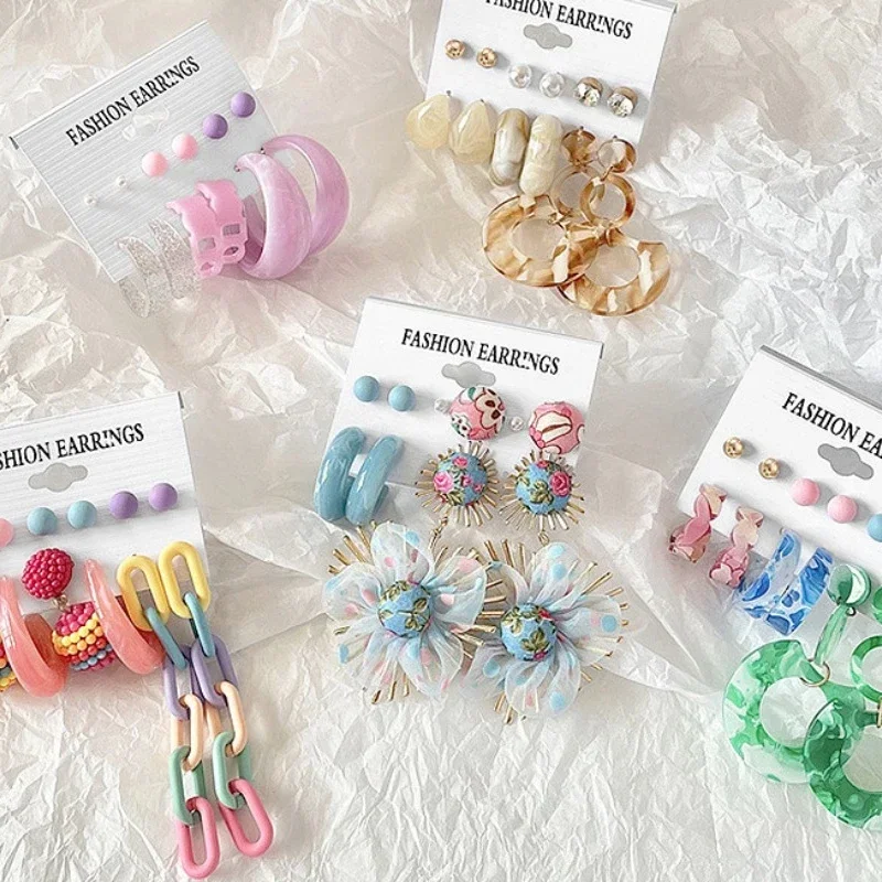 6pcs/set Acrylic Resin Earrings for Women Fashion Summer Candy Color Chain Tassel Exaggerated Big Geometric Drop Earrings Gifts