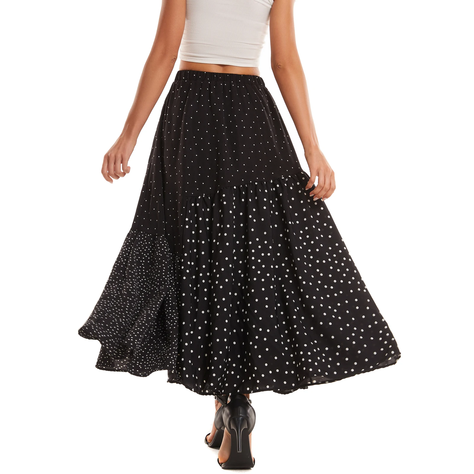 تنورة متوسطة الطول منقطة مرقعة مع بطانة - لوحات غير متماثلة مبطنة بشكل واسع بطول الكاحل وخصر مرن #2