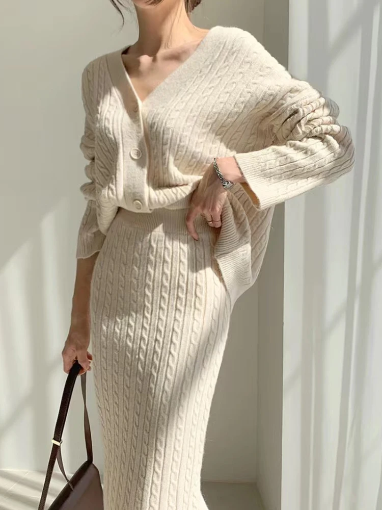 

New Korean Fashion Knitted Sweater 2 Pieces Outfit Women Mujer Cardigan Loose Coat Tops And Midi Skirt Ladies Set Street Clothes