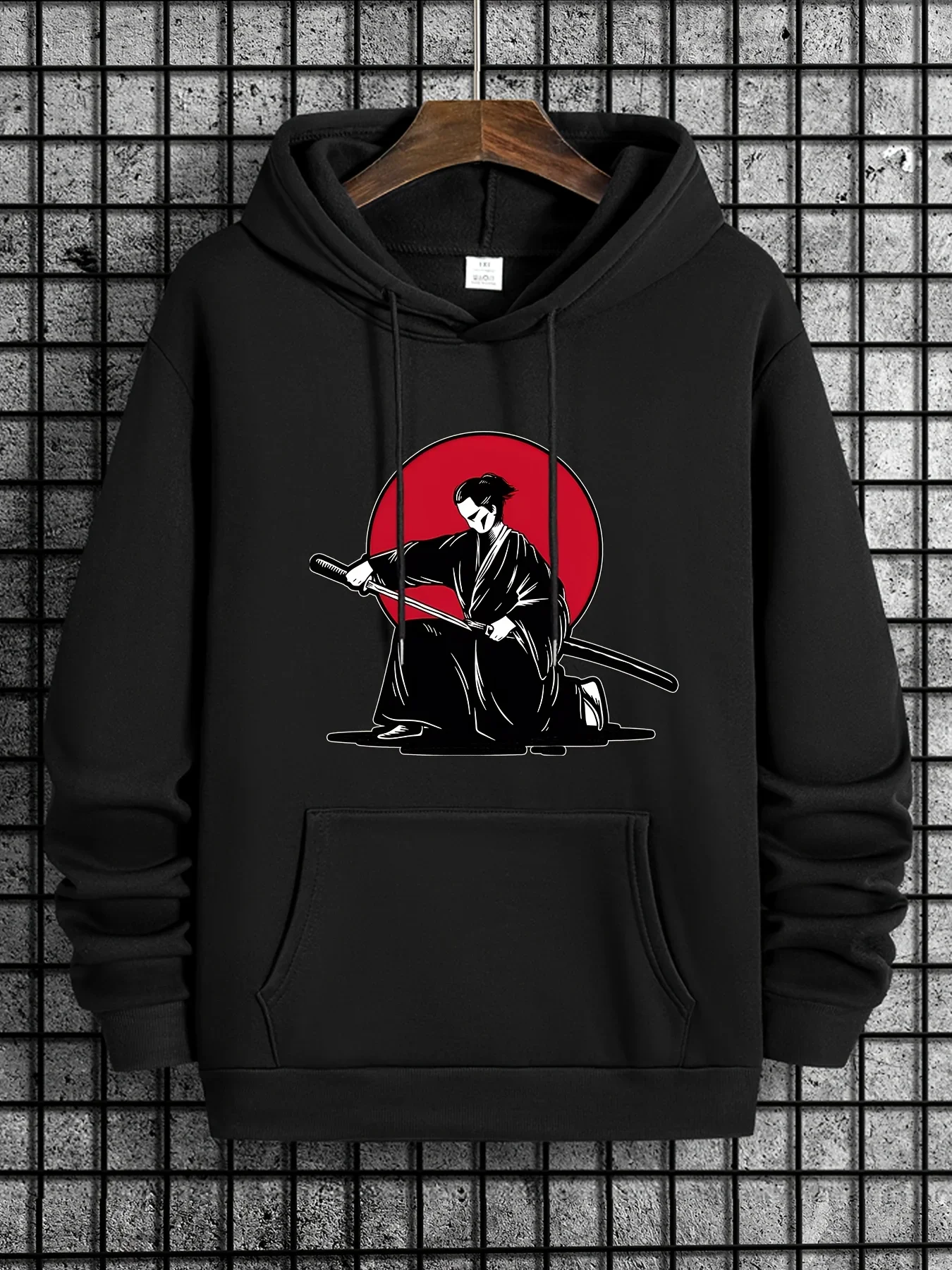 Bushido Culture Samurai Warrior Drawing Front Print Hooded Sweatshirt Unisex Loose Fleece Pullover Retro Japanese Art Casual