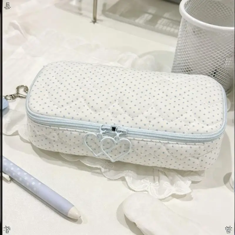 Portable Polka Dot Print Pencil Case Quilted Heart Double Zipper Pen Bag Large Capacity Stationery Pouch Gift