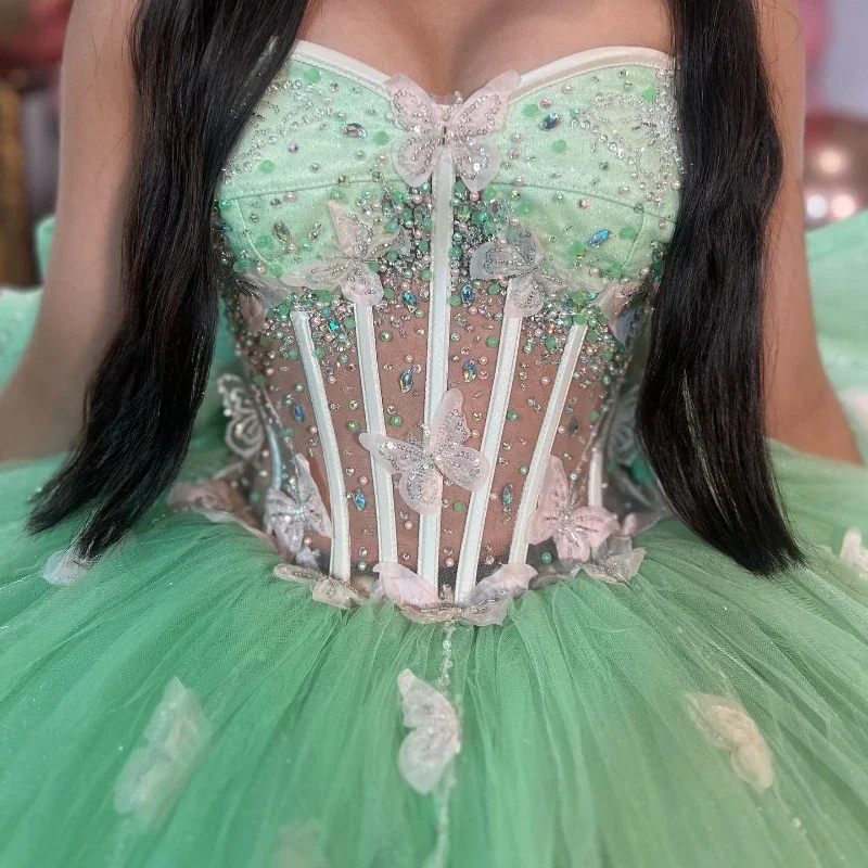 Vestidos De quinceañera mexicana, mariposa 3D verde salvia, lazo De cuentas De cristal, cumpleaños, desfile, Princesa, lazo grande De 15 Años, 2024