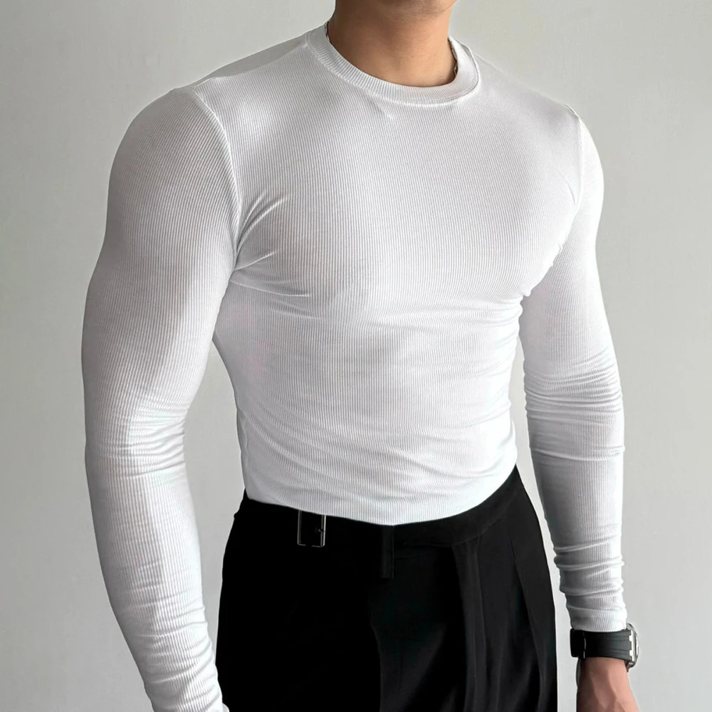 Threaded Round Neck Gym Long-Sleeved T-Shirt Mens Autumn Fashion Bottoming Shirt Advanced Casual Slim Elastic Muscle Fitness Top