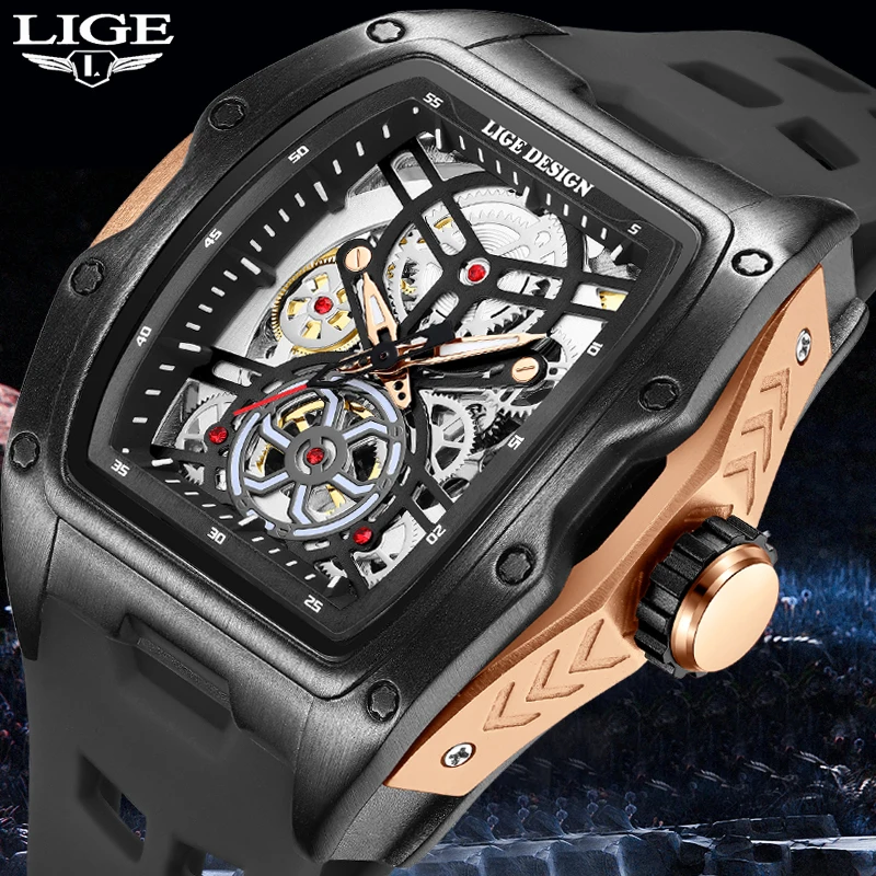 LIGE New Luxury Men Mechanical Wristwatches 5ATM Waterproof Automatic Watch Silicone Sports Diving Watch for Men Reloj Hombre