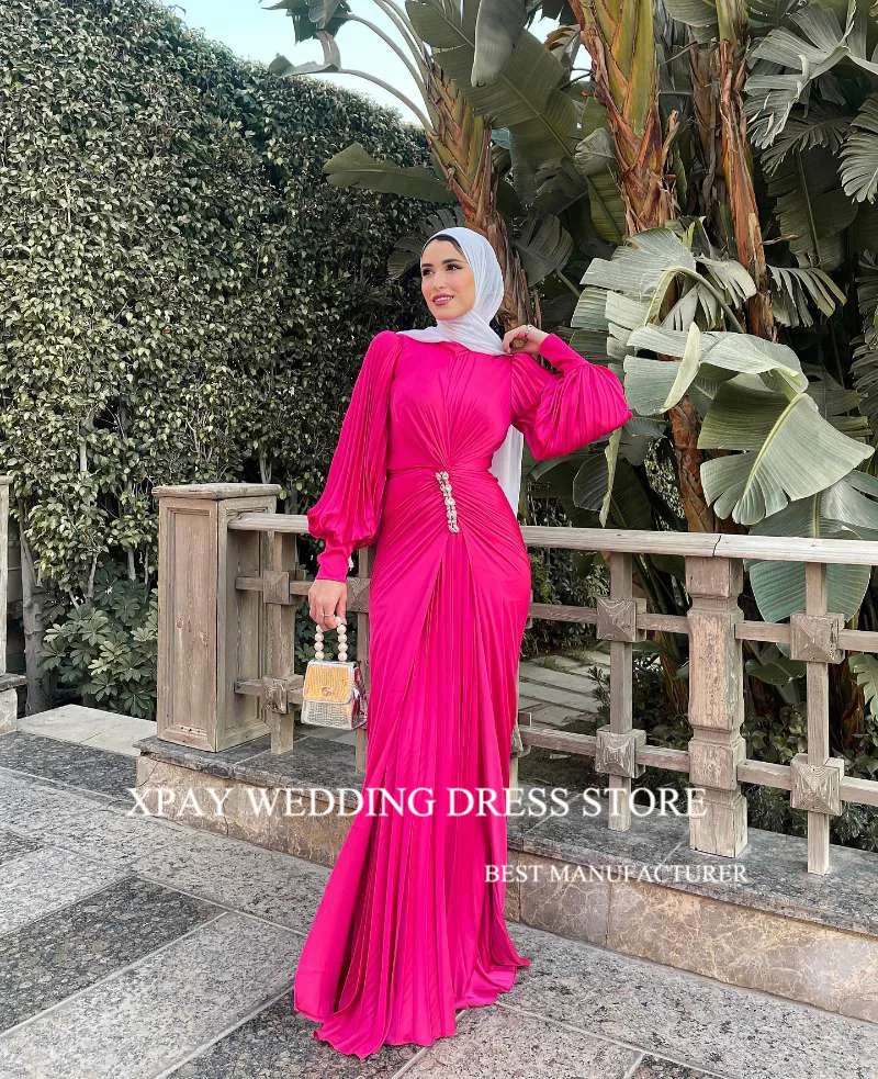 XPAY Modest Fuschia Muslim Arabic Women Evening Dresses Long Sleeves O-Neck Dubai Formal Occasion Party Dress Wedding Guest