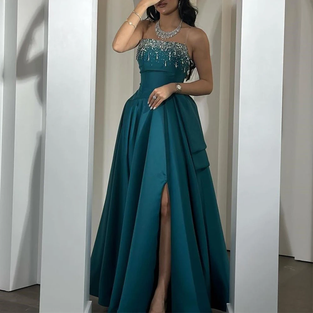 Flechazo Modern Beading Side Slit Evening Dress Strapless Sleeveless A-Line Floor Length with Draped Women Formal Occasion Gowns