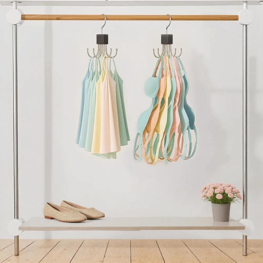 

360° Rotatable Bra Hanger Organizer with 18 Hooks Holds 36 Tank Tops Bras Scarf Purse Space Saving Closet Storage