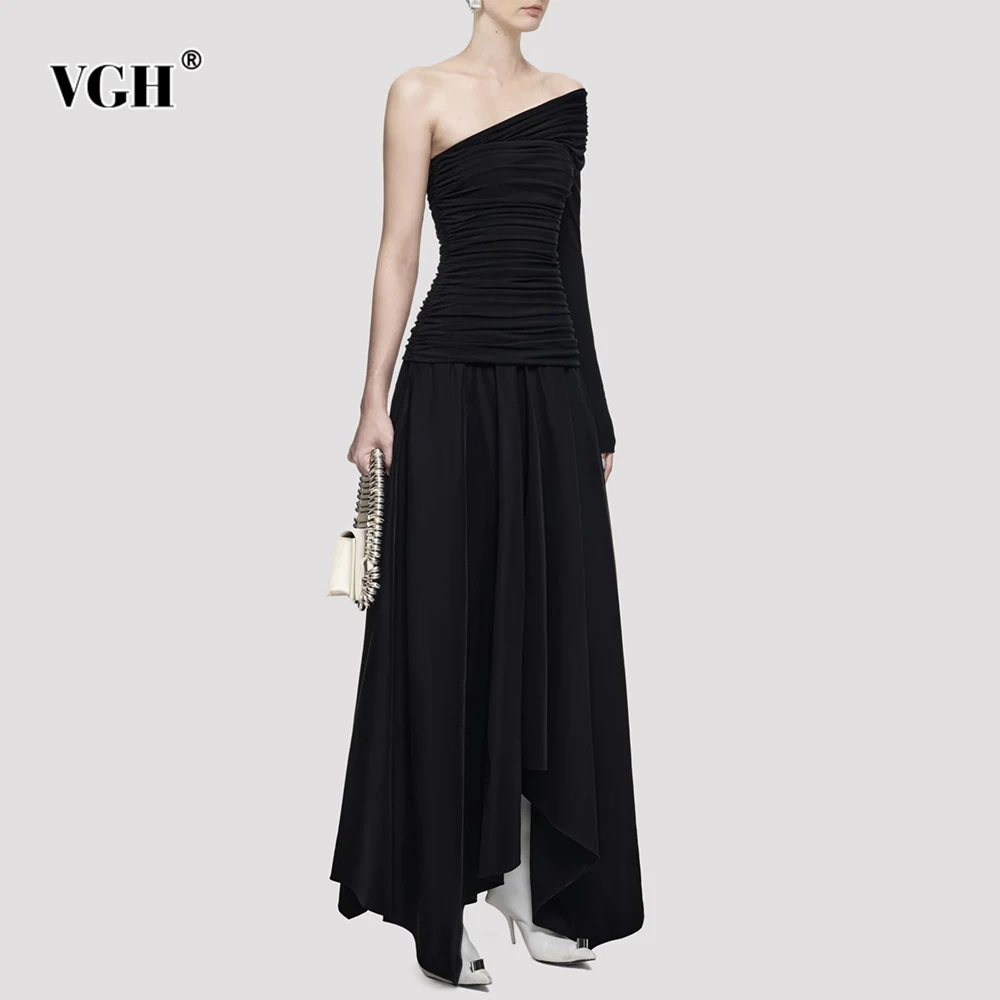 VGH Solide Slim Fit Elegante Abendessen Kleider Für Frauen Diagonal Einzelnen Schulter Hülse Hohe Taille Chic Falten Kleid Weibliche Mode