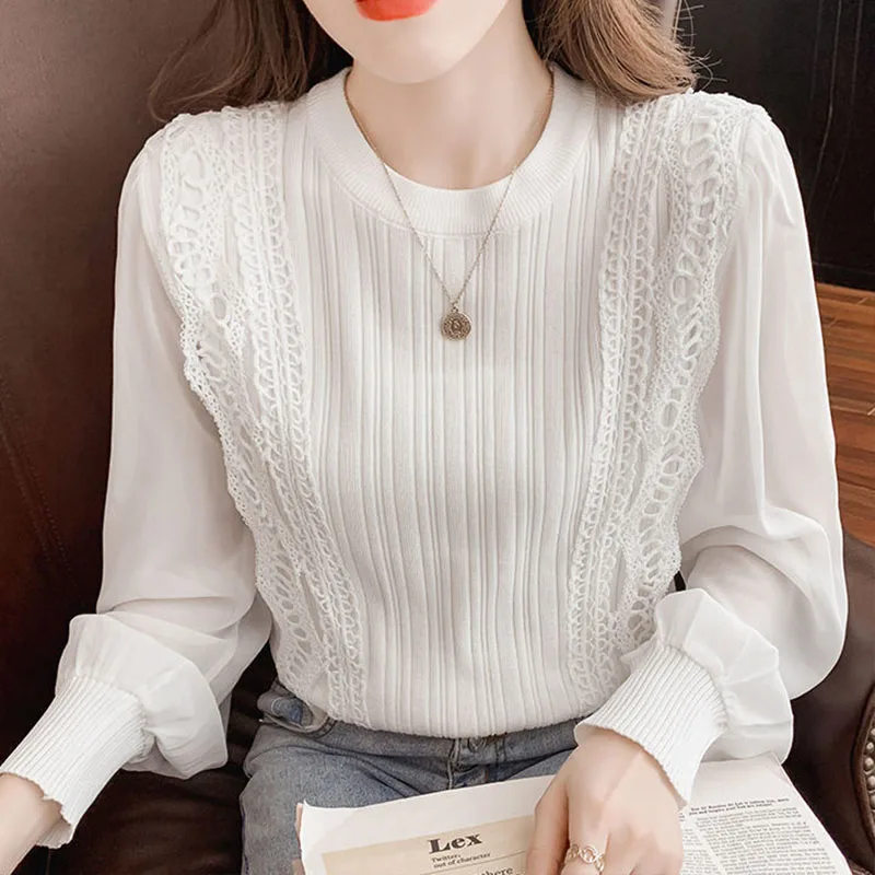 Women\'s Long Sleeve Bottoming Shirt, Hollow Out, Round Neck, Office Lady Pullovers, Chic Blouses, Korean Top, Spring, Autumn,