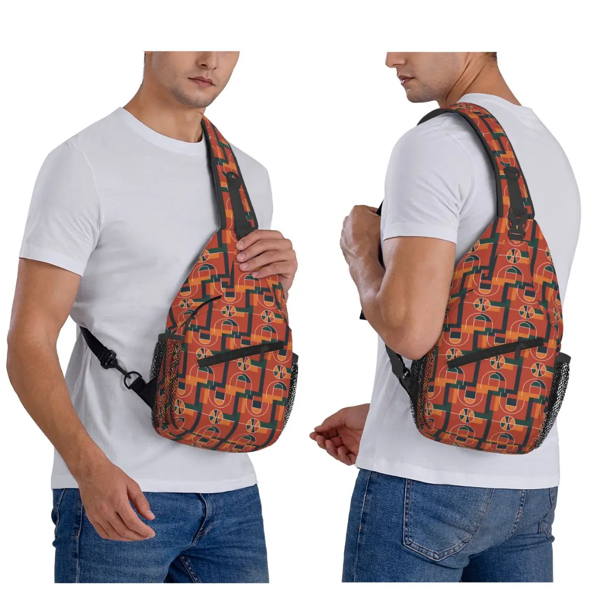 Black Basketball Court Pattern Chest Bag Men Sling Crossbody Backpack Chest Bag Travel Hiking Daypack Shoulder Bag